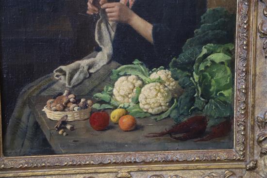 19th Century English School Interior with woman knitting and vegetables on a table top 15 x 11in.